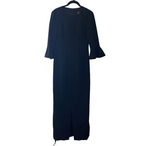 Black Halo EVE Size 4 Gown Maxi Dress Bell Half Sleeve Front Slit Long